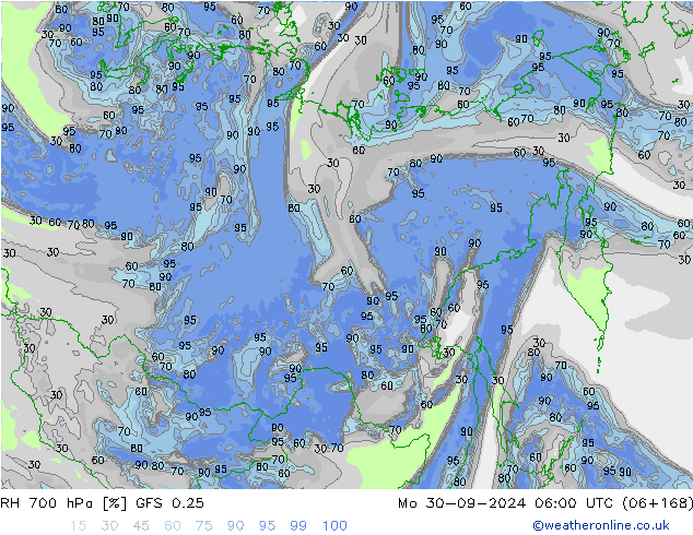 RH 700 hPa GFS 0.25 lun 30.09.2024 06 UTC