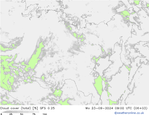 Cloud cover (total) GFS 0.25 Po 23.09.2024 09 UTC