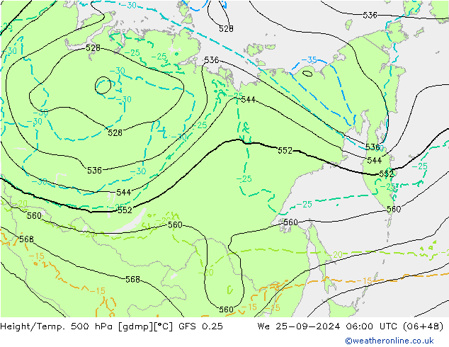 Z500/Rain (+SLP)/Z850 GFS 0.25 We 25.09.2024 06 UTC