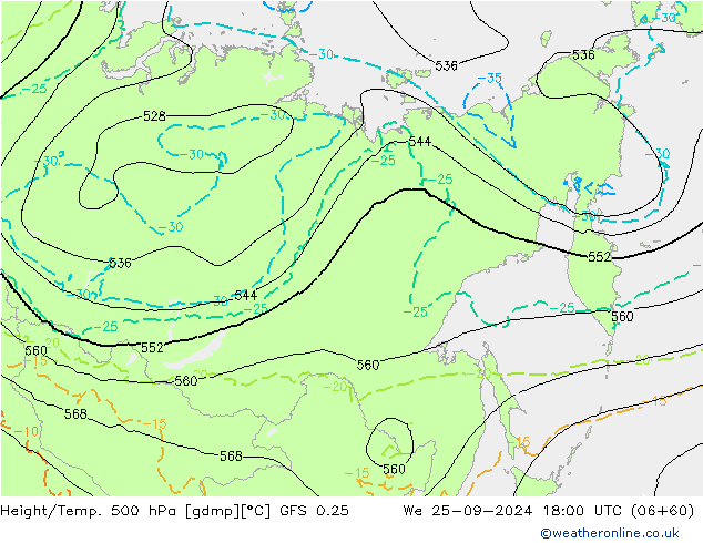 Z500/Rain (+SLP)/Z850 GFS 0.25 We 25.09.2024 18 UTC