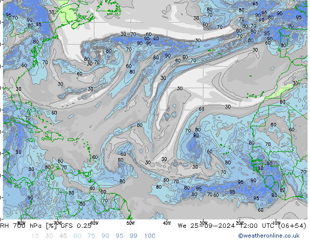 RH 700 hPa GFS 0.25 Mi 25.09.2024 12 UTC