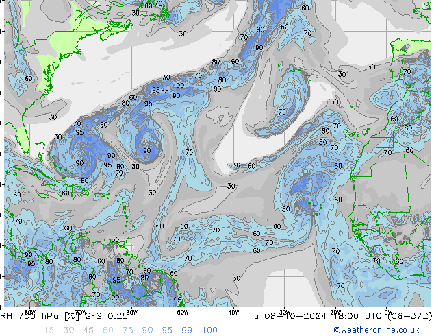 RH 700 hPa GFS 0.25 Út 08.10.2024 18 UTC