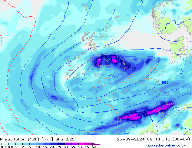 Precipitation (12h) GFS 0.25 Th 26.09.2024 18 UTC