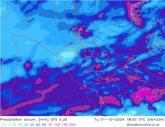 Precipitation accum. GFS 0.25 Tu 01.10.2024 18 UTC