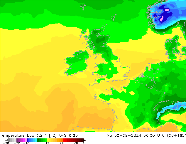 Temp. minima (2m) GFS 0.25 lun 30.09.2024 00 UTC