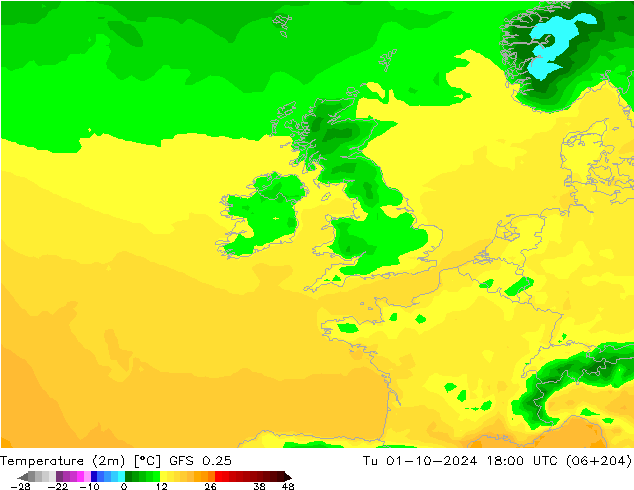 Temperature (2m) GFS 0.25 Út 01.10.2024 18 UTC