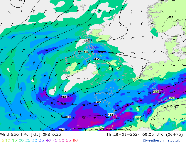 ветер 850 гПа GFS 0.25 чт 26.09.2024 09 UTC