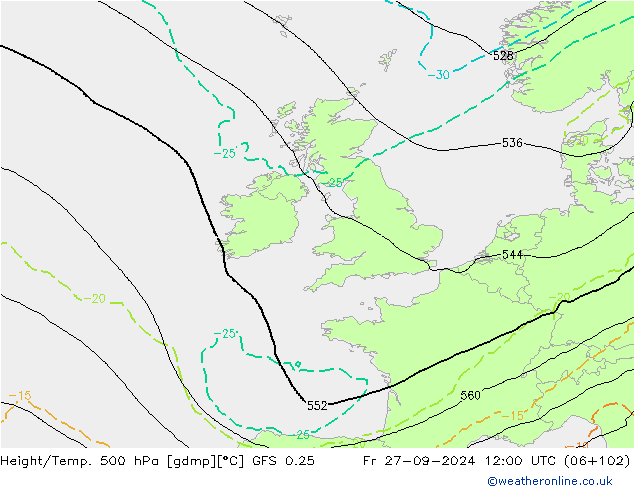 Z500/Rain (+SLP)/Z850 GFS 0.25 ven 27.09.2024 12 UTC