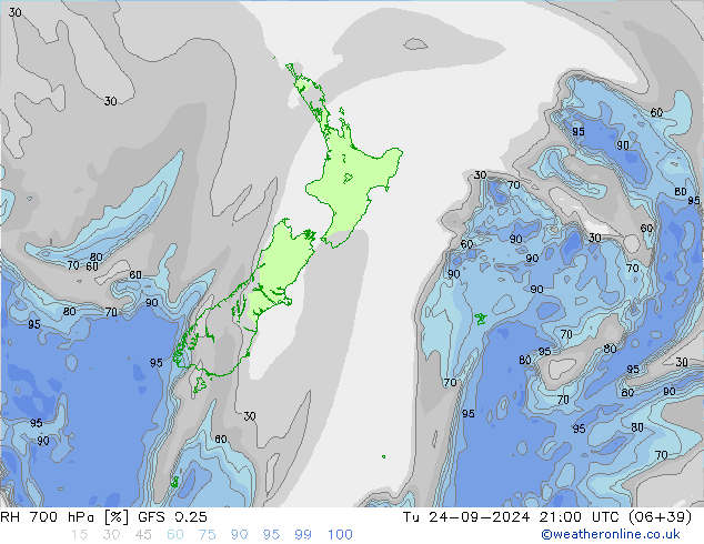 RH 700 hPa GFS 0.25 Út 24.09.2024 21 UTC