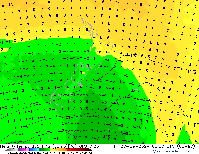 Z500/Rain (+SLP)/Z850 GFS 0.25 Fr 27.09.2024 00 UTC