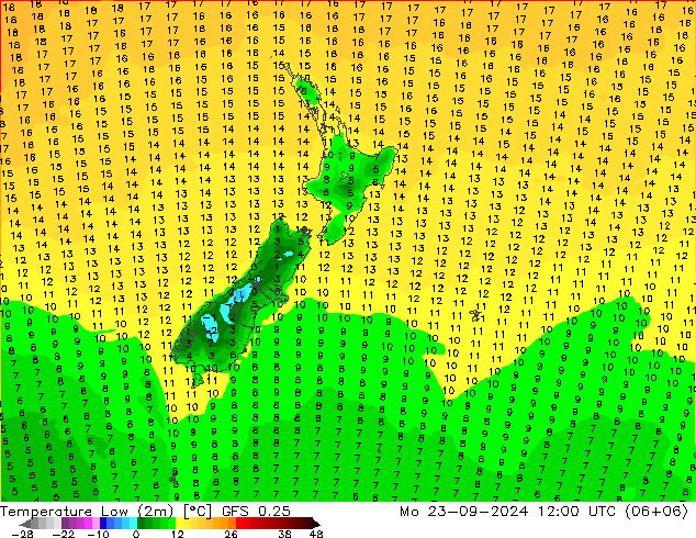 Temperature Low (2m) GFS 0.25 Mo 23.09.2024 12 UTC