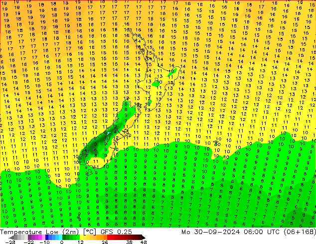 température 2m min GFS 0.25 lun 30.09.2024 06 UTC