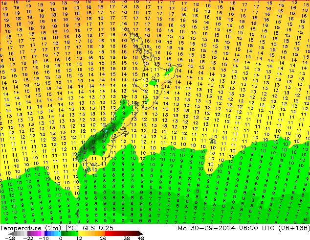 Temperature (2m) GFS 0.25 Mo 30.09.2024 06 UTC