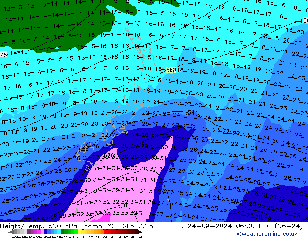 Z500/Yağmur (+YB)/Z850 GFS 0.25 Sa 24.09.2024 06 UTC