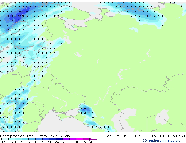 Précipitation (6h) GFS 0.25 mer 25.09.2024 18 UTC