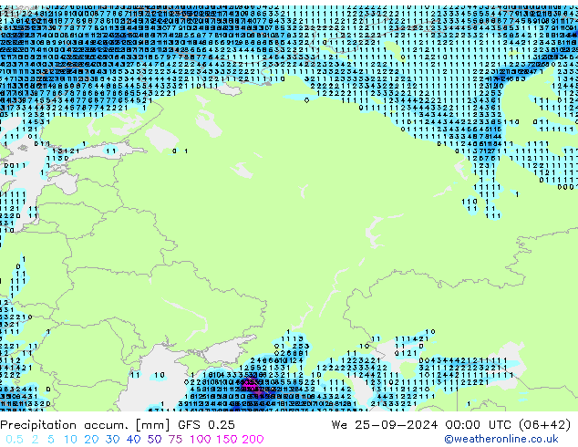 Precipitation accum. GFS 0.25 We 25.09.2024 00 UTC