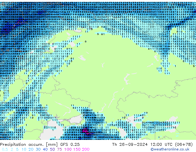 Precipitation accum. GFS 0.25 Th 26.09.2024 12 UTC