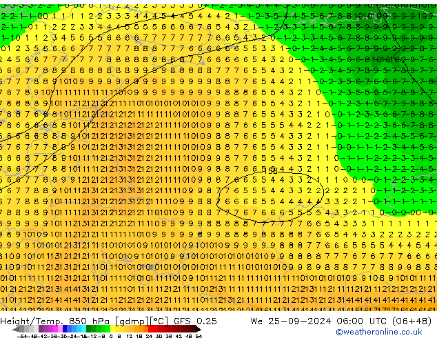 Z500/Rain (+SLP)/Z850 GFS 0.25 St 25.09.2024 06 UTC