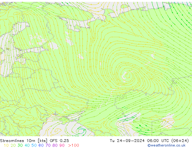 Stromlinien 10m GFS 0.25 Di 24.09.2024 06 UTC