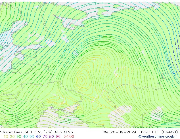 Línea de corriente 500 hPa GFS 0.25 mié 25.09.2024 18 UTC