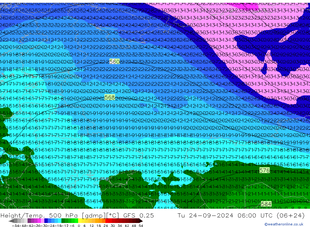 Height/Temp. 500 hPa GFS 0.25  24.09.2024 06 UTC