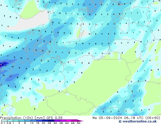 Precipitation (12h) GFS 0.25 We 25.09.2024 18 UTC