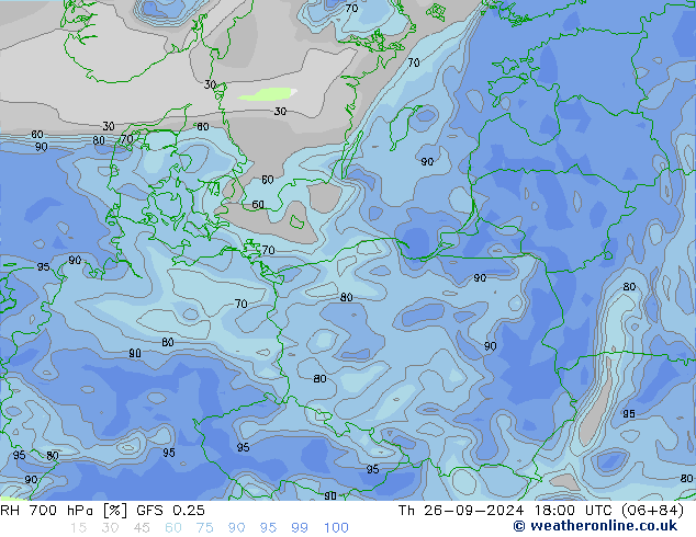 RH 700 hPa GFS 0.25 czw. 26.09.2024 18 UTC