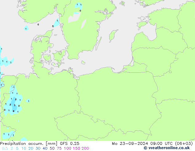 Precipitation accum. GFS 0.25 Mo 23.09.2024 09 UTC