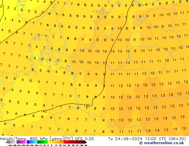 Z500/Rain (+SLP)/Z850 GFS 0.25 Tu 24.09.2024 12 UTC