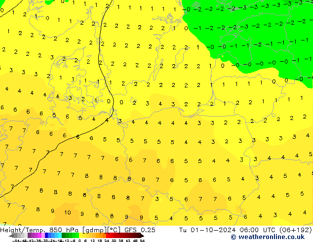 Z500/Rain (+SLP)/Z850 GFS 0.25 Tu 01.10.2024 06 UTC