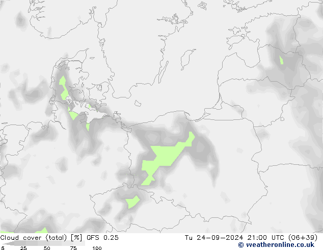 Cloud cover (total) GFS 0.25 Tu 24.09.2024 21 UTC