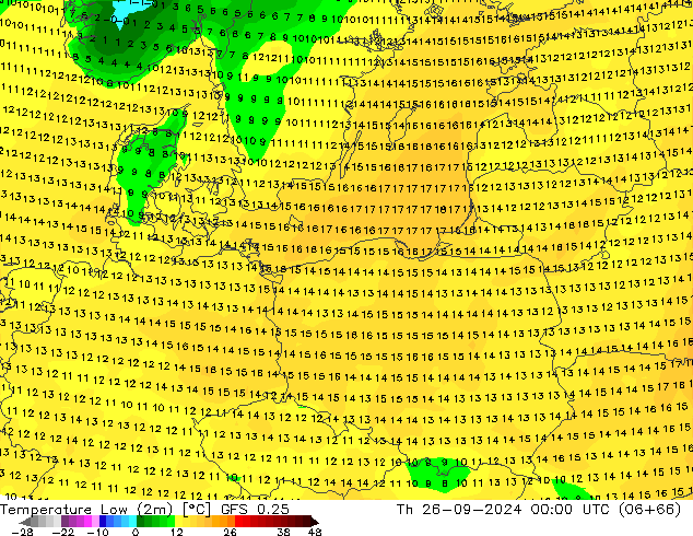 Temperature Low (2m) GFS 0.25 Th 26.09.2024 00 UTC