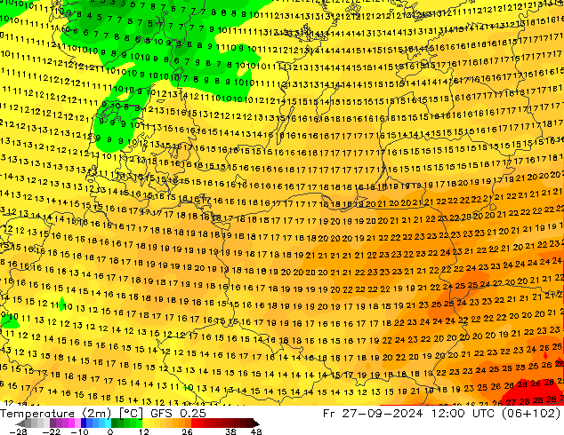 карта температуры GFS 0.25 пт 27.09.2024 12 UTC