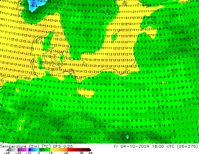 Temperatura (2m) GFS 0.25 Sex 04.10.2024 18 UTC