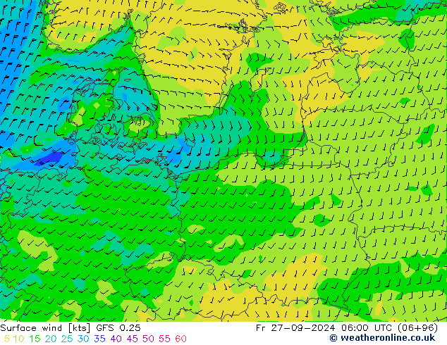 wiatr 10 m GFS 0.25 pt. 27.09.2024 06 UTC