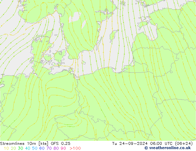 Linia prądu 10m GFS 0.25 wto. 24.09.2024 06 UTC