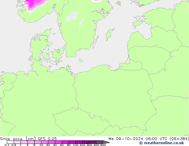 Snow accu. GFS 0.25 mer 09.10.2024 06 UTC