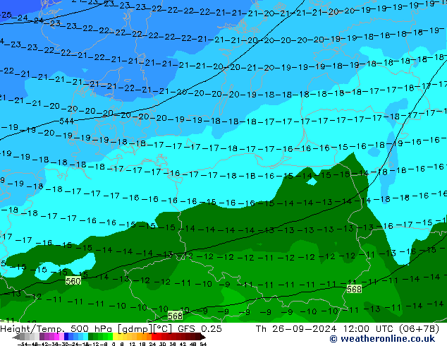 Z500/Rain (+SLP)/Z850 GFS 0.25 jue 26.09.2024 12 UTC