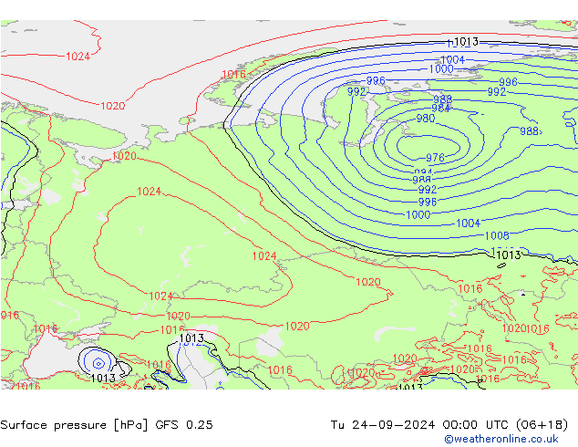 Surface pressure GFS 0.25 Tu 24.09.2024 00 UTC