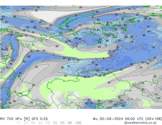 RH 700 hPa GFS 0.25 Seg 30.09.2024 06 UTC