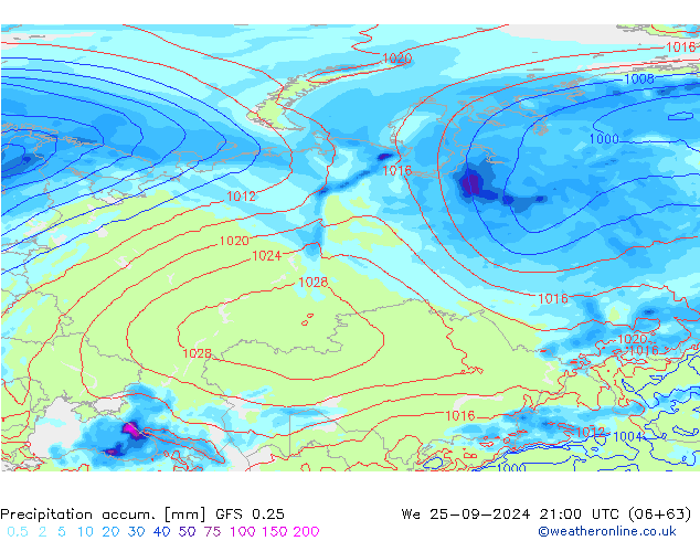 Precipitación acum. GFS 0.25 mié 25.09.2024 21 UTC