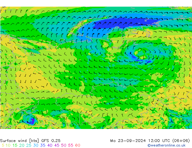 Viento 10 m GFS 0.25 lun 23.09.2024 12 UTC