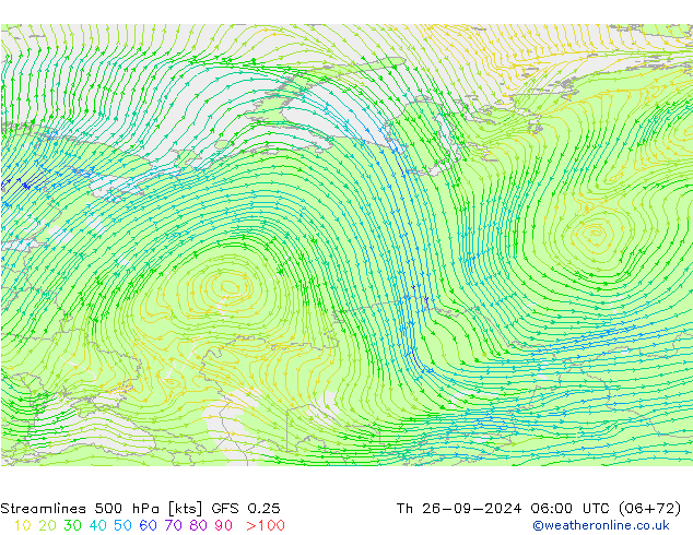 Línea de corriente 500 hPa GFS 0.25 jue 26.09.2024 06 UTC