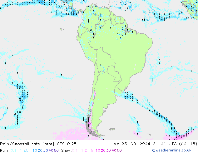 Rain/Snowfall rate GFS 0.25 Mo 23.09.2024 21 UTC