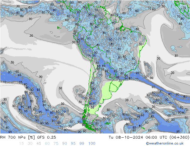 700 hPa Nispi Nem GFS 0.25 Sa 08.10.2024 06 UTC