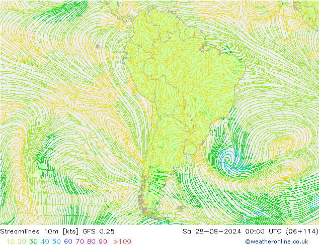 Stroomlijn 10m GFS 0.25 za 28.09.2024 00 UTC