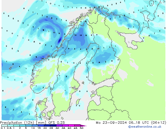 Precipitación (12h) GFS 0.25 lun 23.09.2024 18 UTC