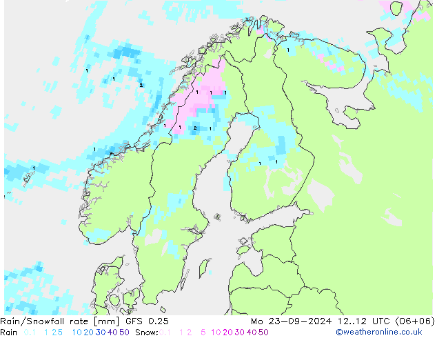 Rain/Snowfall rate GFS 0.25 Mo 23.09.2024 12 UTC