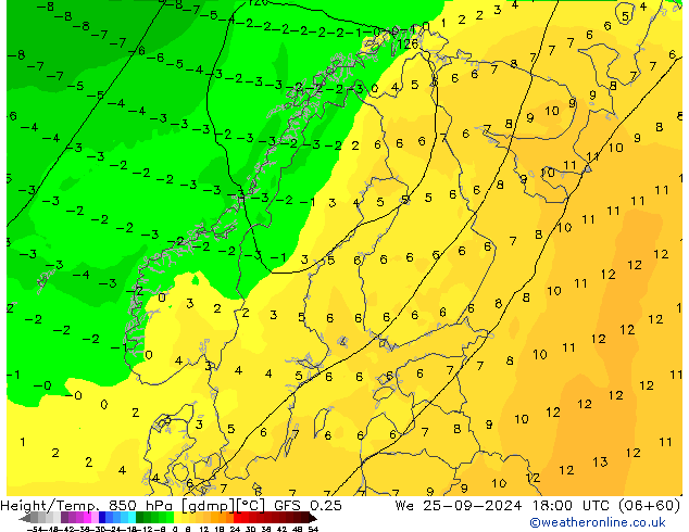 Z500/Rain (+SLP)/Z850 GFS 0.25  25.09.2024 18 UTC