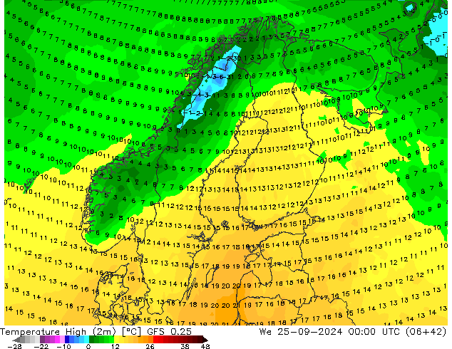 Max.temperatuur (2m) GFS 0.25 wo 25.09.2024 00 UTC